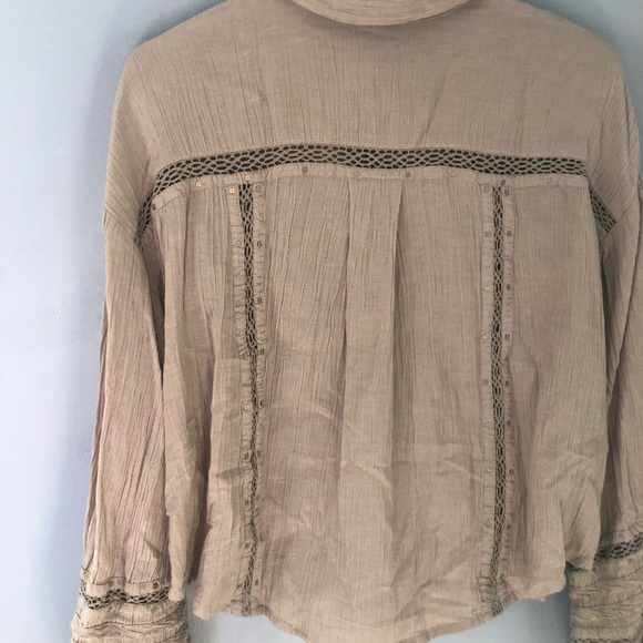 Free People Boho Button Down Long Sleeve Blouse Tan XS - Picture 8 of 9